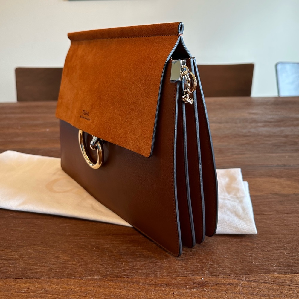 Chloé Faye Brown Leather & Suede Shoulder Bag Ring Chain Crossbody w/ Dust Bag - Picture 3 of 10